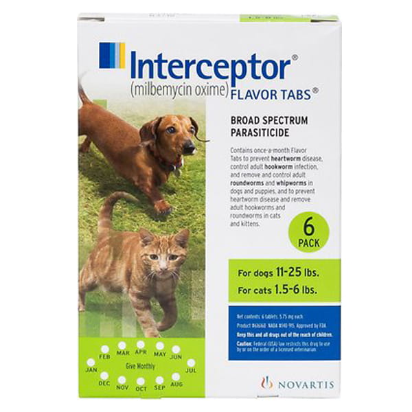 Interceptor Tablets for Dogs 11-25 lbs & Cats 1.5-6 lbs, 6 treatments